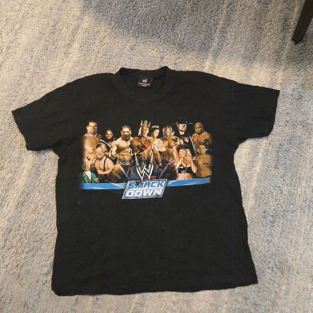WWE SMACKDOWN Wrestling 2002 T-Shirt Size L Men's Short Sleeve Black